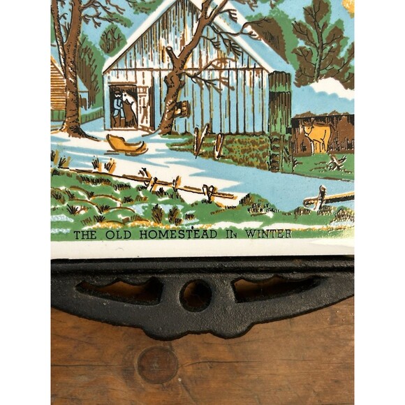 VTG Currier & Ives Cast Iron Trivets 1970s Autumn Cider Making & Old Homestead - Picture 6 of 10